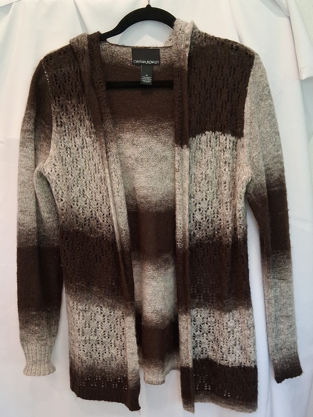 Cynthia Rowley Brown & Creamy Gray Ombre Open-Front Knit Cardigan With Hood